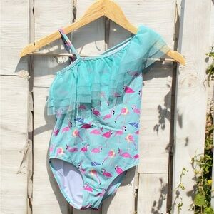 Janie and Jack Recycled Flamingo Ruffle Shoulder Swimsuit